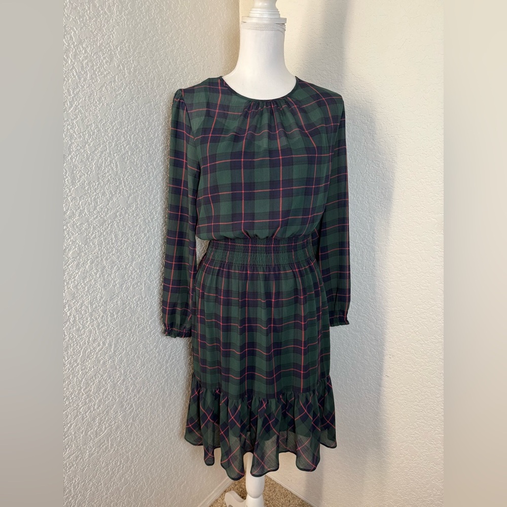 J.CREW Glendale Tartan Plaid Dress Ruffled Navy‎ Green Red Size Medium